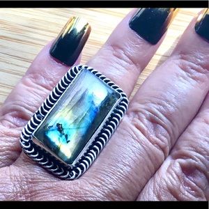 Labradorite Blue Flame Gemstone Ring Square Cut